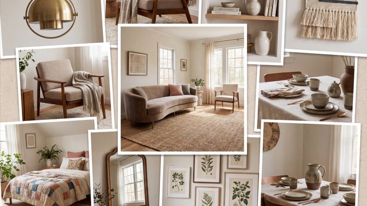 Cozy neutral home decor collage featuring living room, bedroom, and dining room inspiration with warm earthy tones and minimalist interior design.